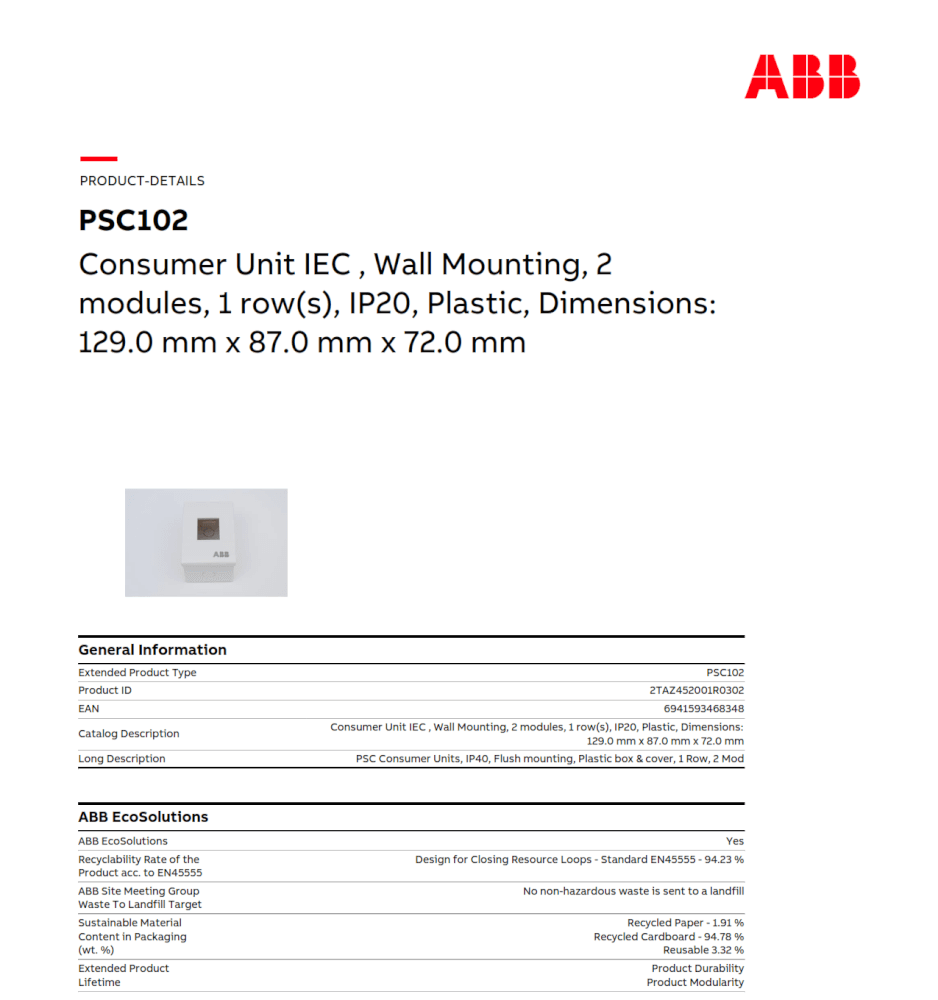 กล่องใส่เบรกเกอร์ 2 ช่อง ABB PSC102 Consumer Unit IEC IP40 Plastic Box & Cover_6